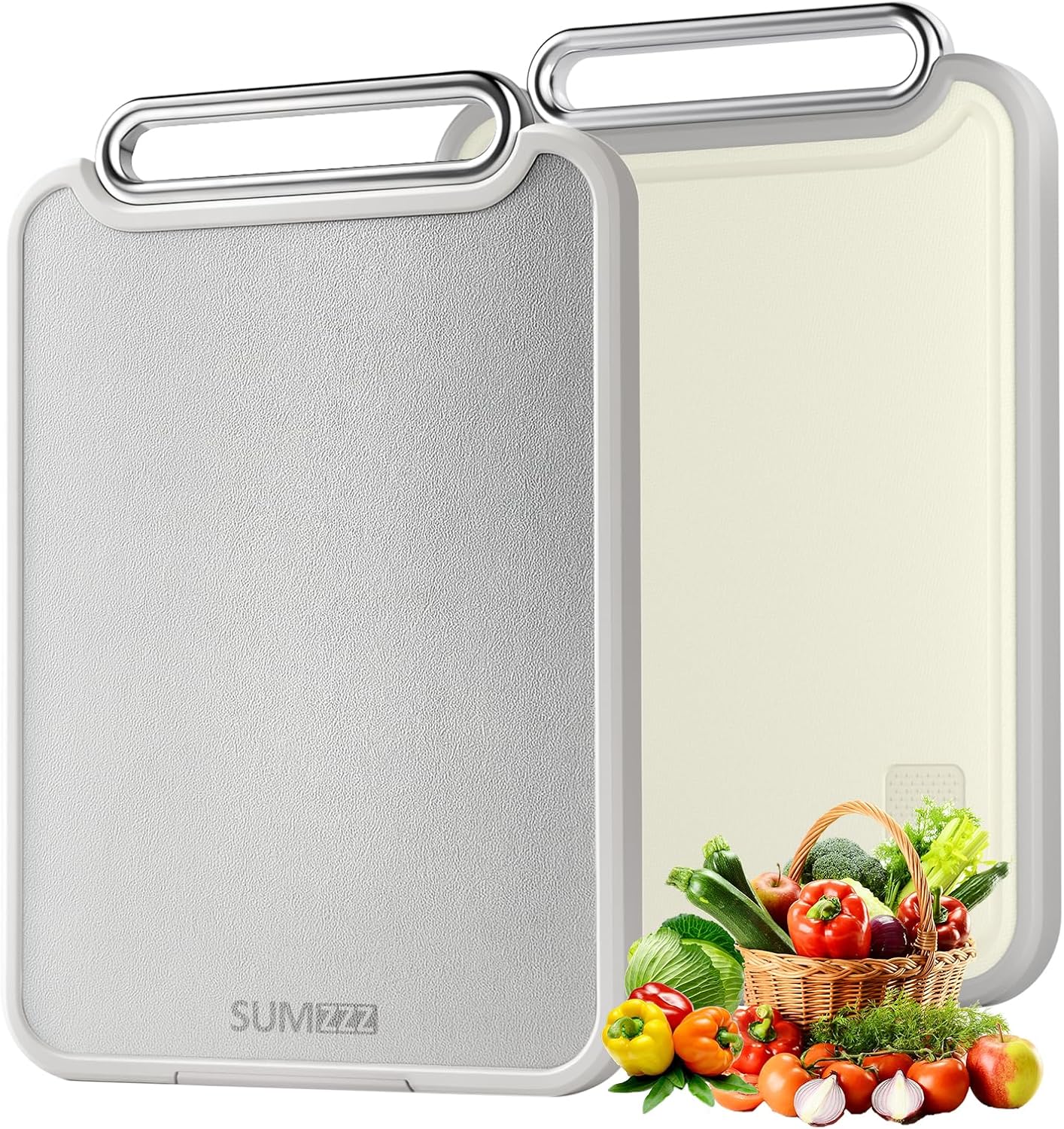 Sumzzz Stainless Steel Cutting Board - 2-in-1 Double-Sided Chopping Board, Large 16”×11”, Dishwasher Safe