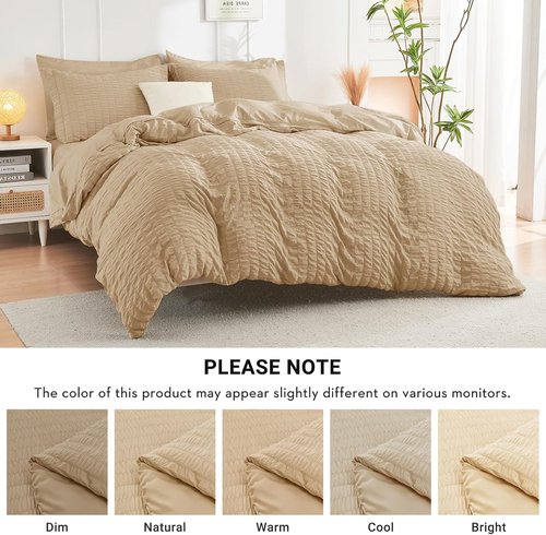 HYMOKEGE Comforter Set - Luxury 7-Piece All-Season Bedding in Khaki | Seersucker Design with Sheets & Pillowcases