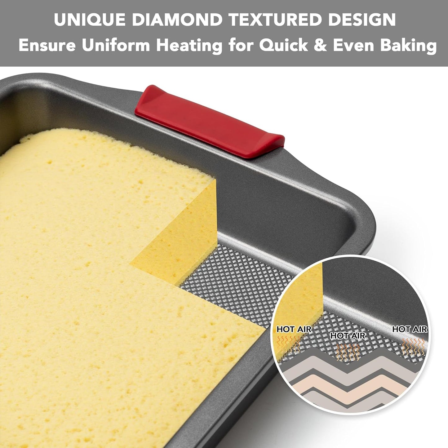 Tiawudi 9" Square Cake Pan Set - Heavy Duty Nonstick Bakeware with Diamond Texture & Silicone Grip Handles