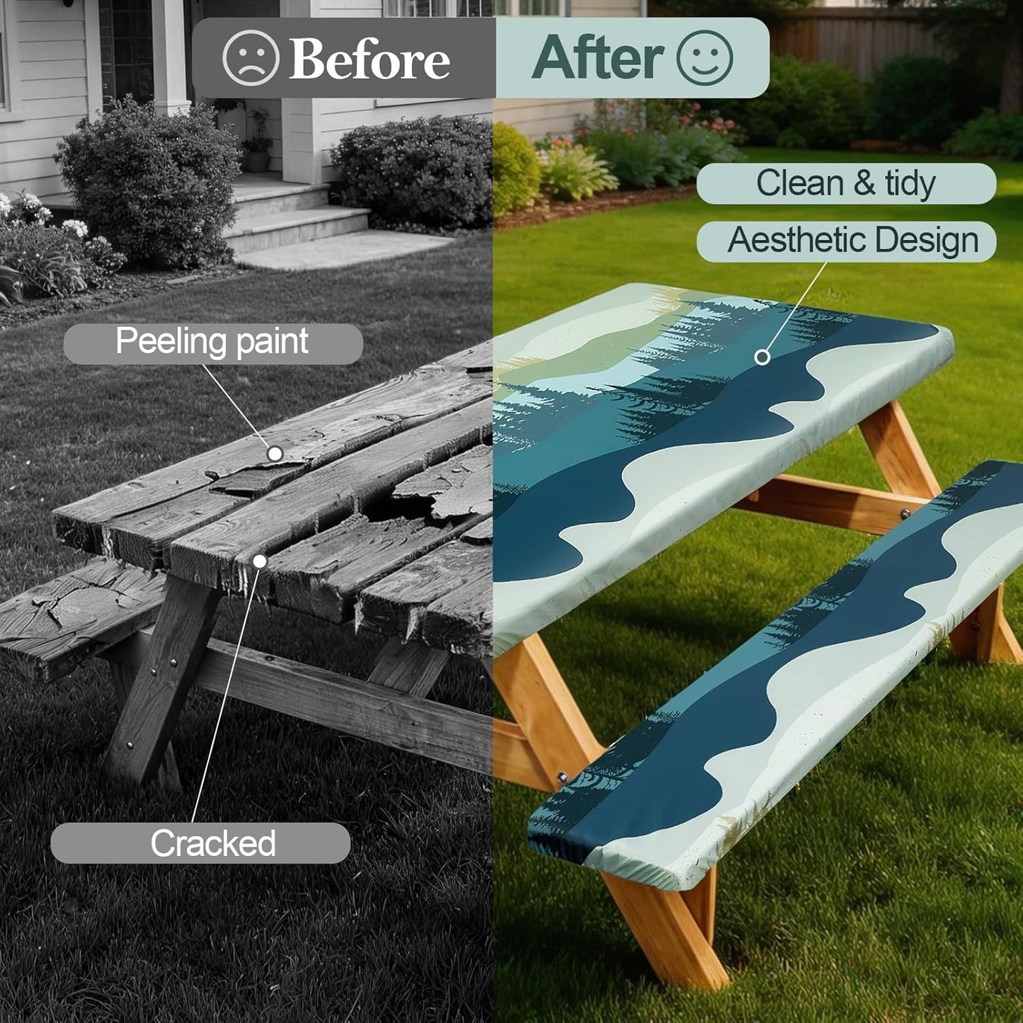 Picnic Table Cover - Waterproof & Windproof with Bench Covers | Fitted Rectangle 72in, Green Blue