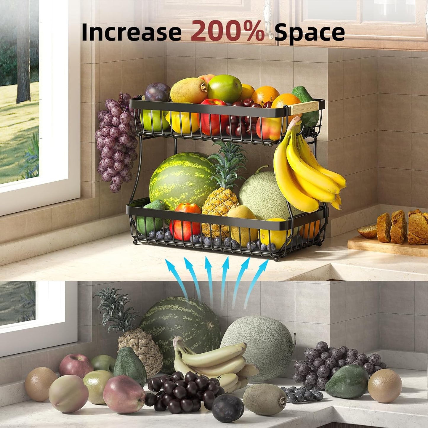 Sevenblue 2-Tier Large Fruit Basket - Detachable Metal Bowl with Wooden Handle & Banana Hangers | Kitchen Counter Organizer
