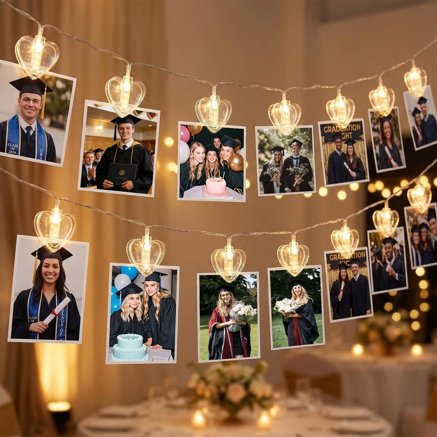 20 Photo String with Clips for Hanging Pictures,9.85Ft Clear Photo Clip Lights for Indoor/Outdoor Wall Bedroom Wedding Birthday Party Home Decorations (Heart)