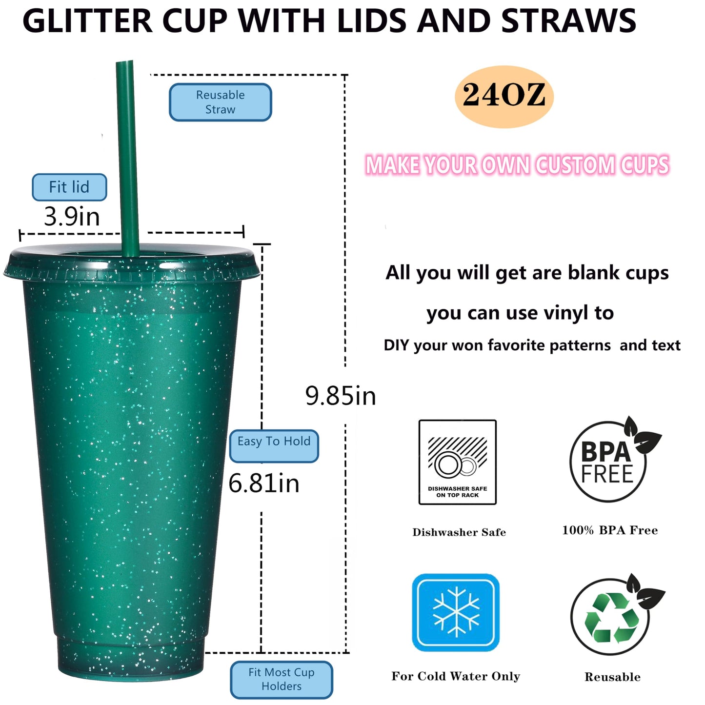 Suertestarry Tumbler with Straw and Lid,Water Bottle Iced Coffee Travel Mug Cup,Reusable Plastic Cups,Perfect for Parties,Birthdays,24oz-15 Pack (15 Pack Glitter, 15 pack)