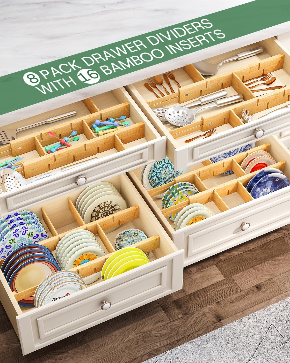 Kiplant Bamboo Drawer Dividers - Adjustable Organizers for Clothes & Kitchen | 8 Pack, 18-22.6 Inches, Non-Slip Ends