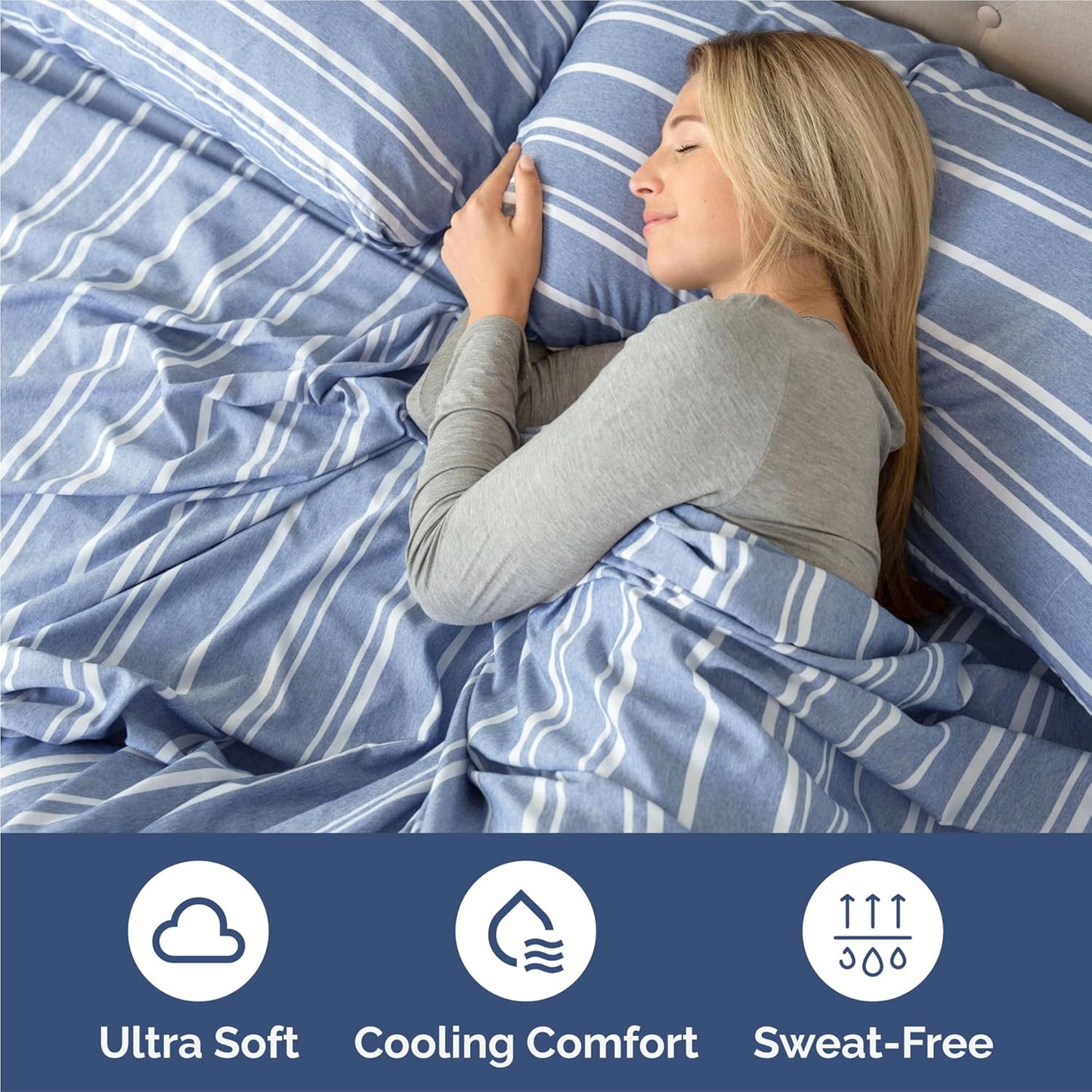 Skiennix Split King Size 5-Piece Sheet Set - Comfy Cooling Bed Sheets - Luxury Hotel Quality - Deep Pockets - Blue Stripes