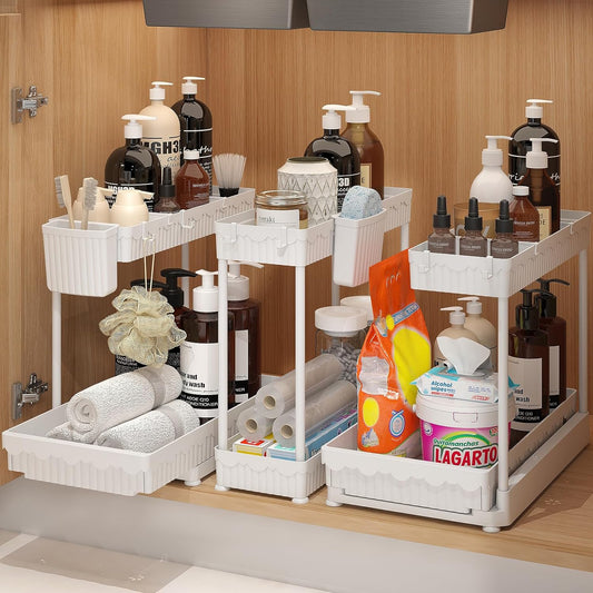 Sevenblue Multi-Purpose Under Sink Organizers - L-Shaped Pull Out Cabinet Storage for Bathroom & Kitchen (White, 12.85 Inch)