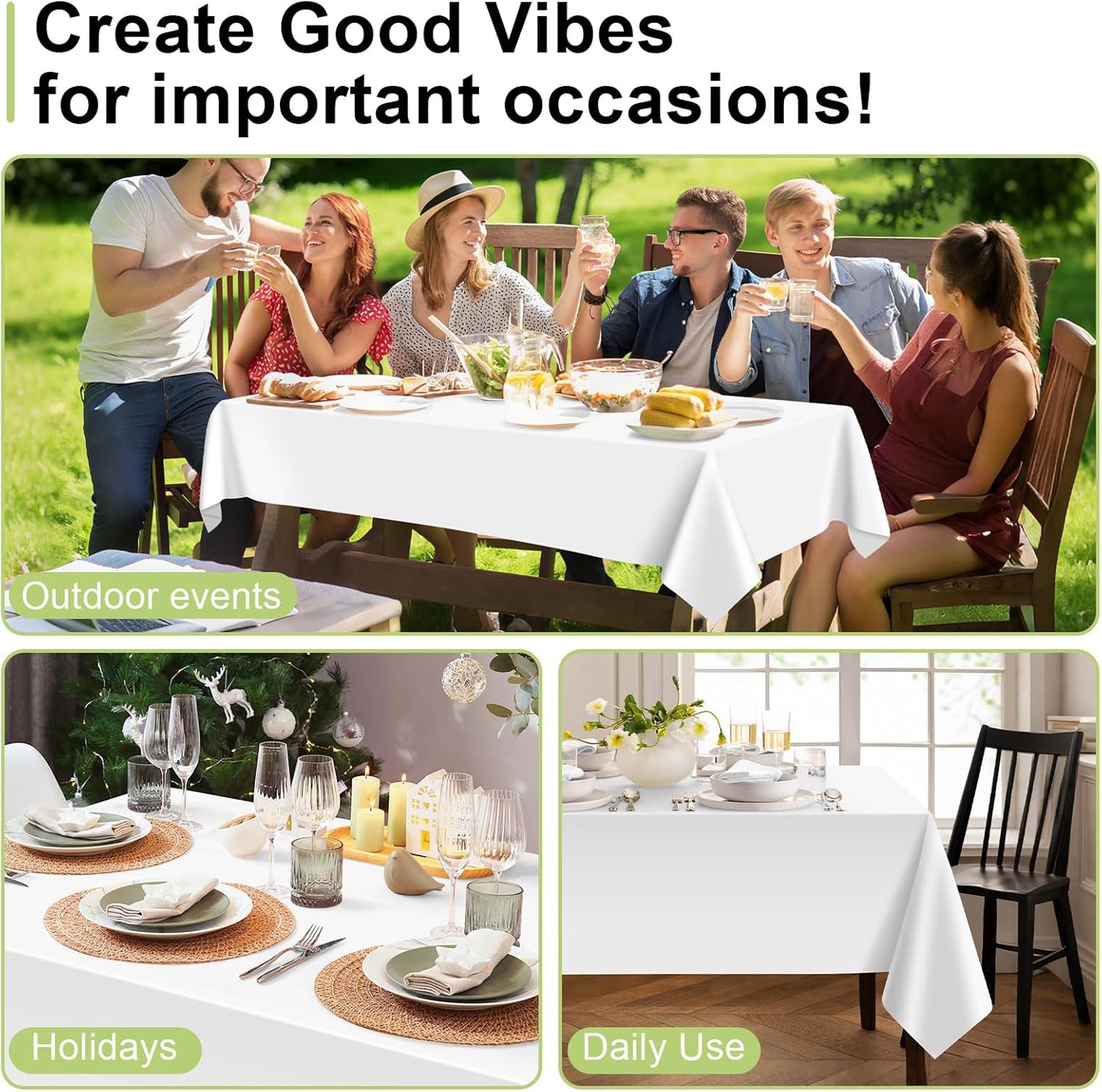 QIKSION Disposable White Plastic Tablecloths - 54 x 108 Inch for Parties, Picnics & Birthdays