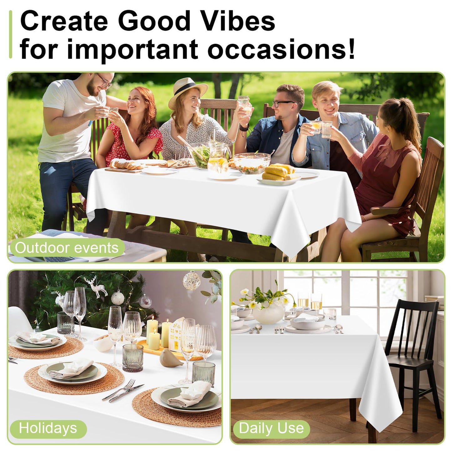 QIKSION White Plastic Table Cloth Disposable 3 Pack, 54 x 108 Inch Tablecloths for Party, Picnic, Birthday, Rectangle Table Cover