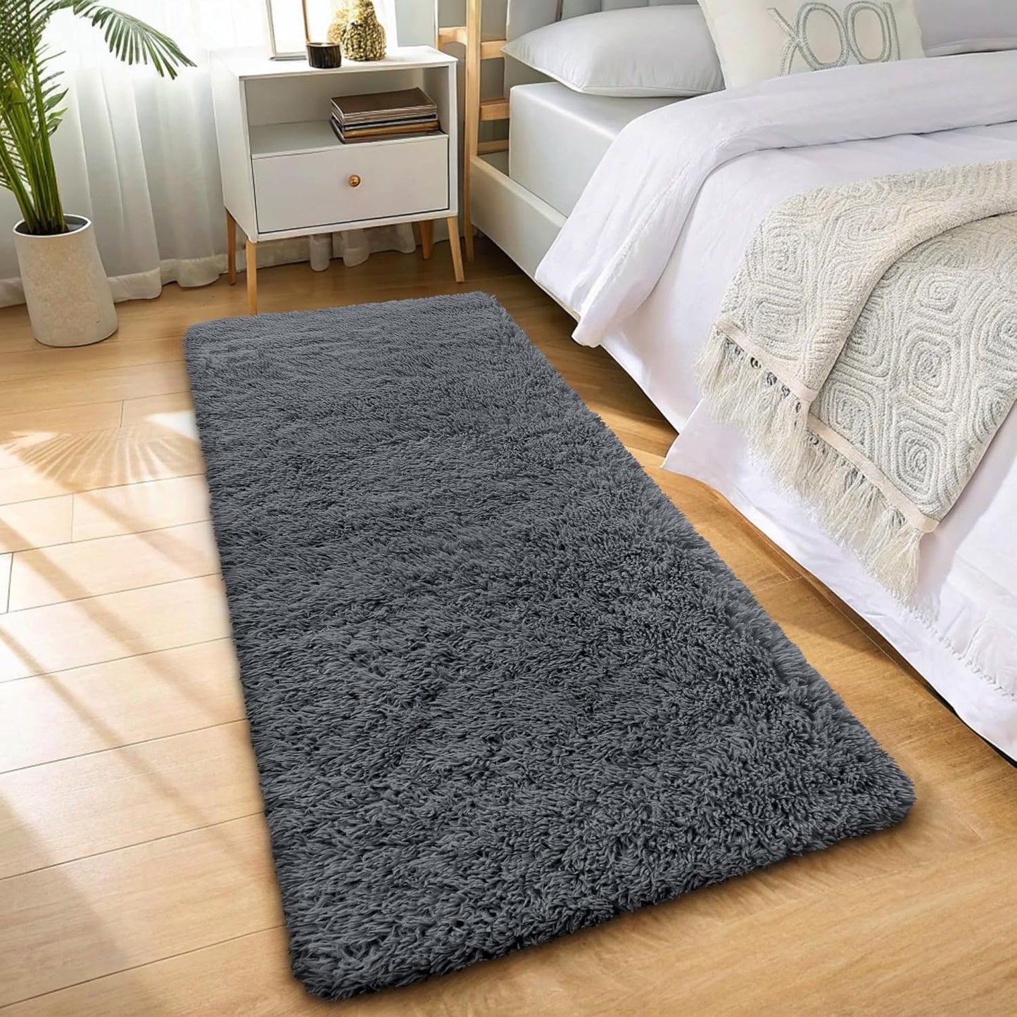 OLANLY 3x7 Machine Washable Runner Rug - Soft Fluffy Shaggy Carpet for Bedroom & Hallway | Grey