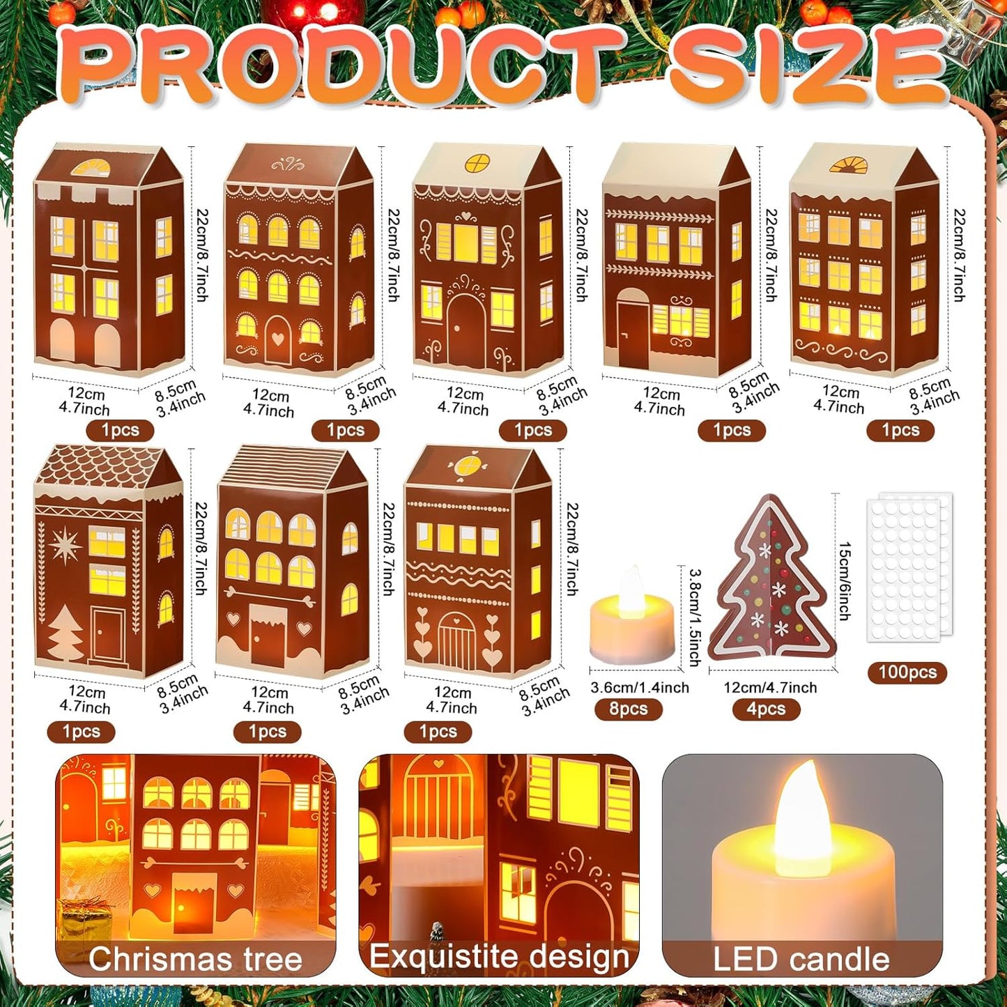 Reallnaive 20 Pcs Large 8" Christmas Cardboard Village Houses Set - DIY Gingerbread Decor with LED Candle