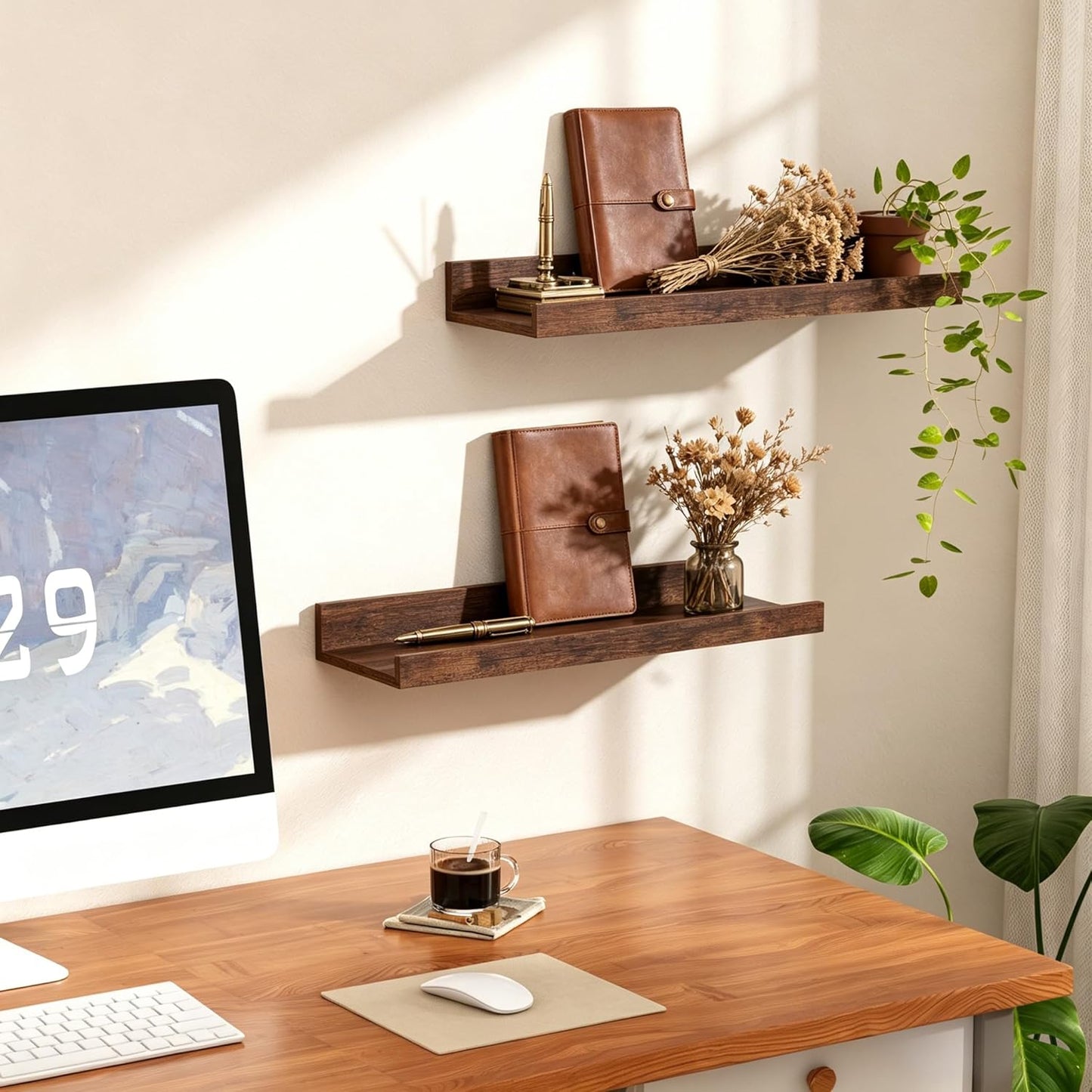 Upsimples Floating Wall Shelves - Set of 6 Decorative Wood Shelves for Bedroom, Living Room, Bathroom & Kitchen - Brown