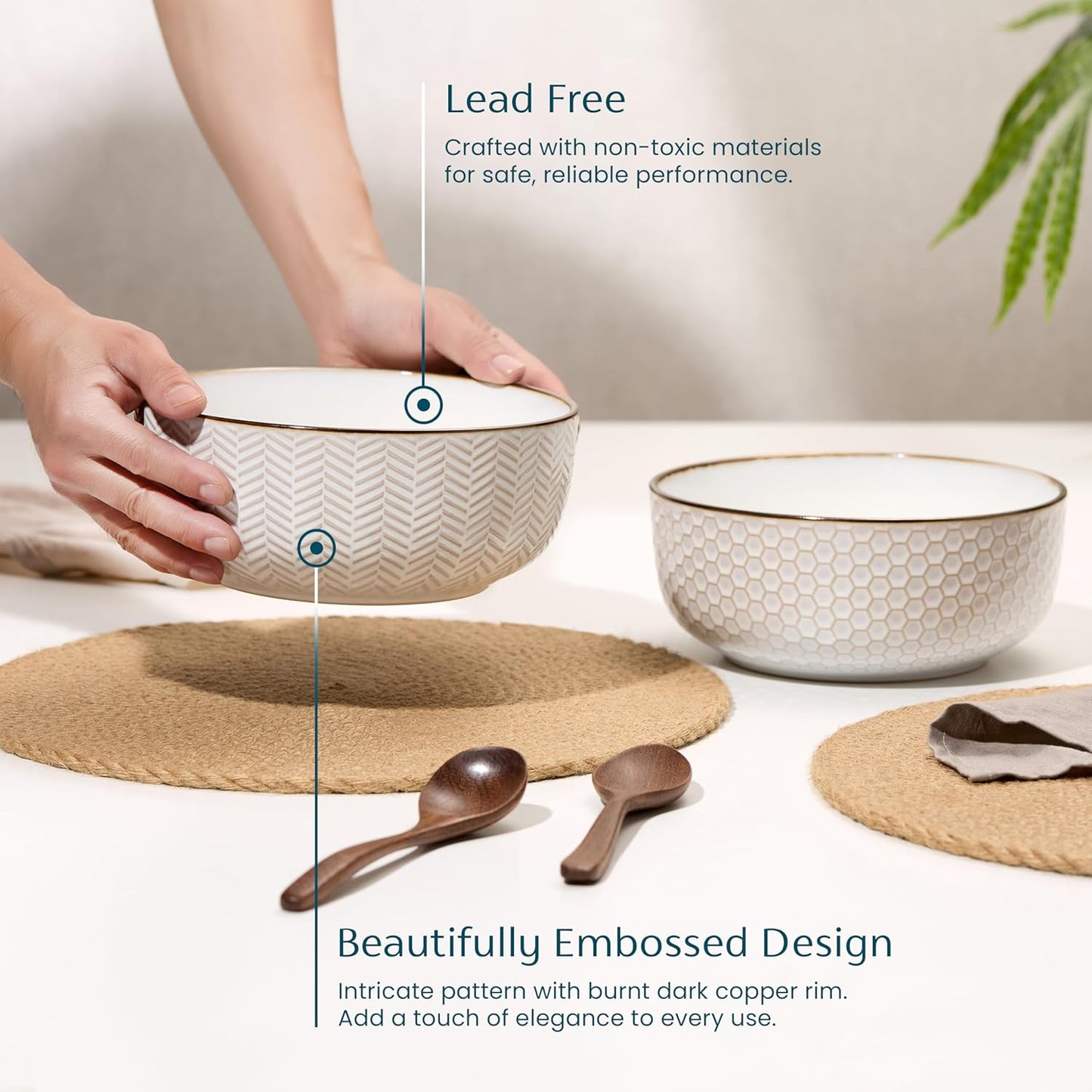 KooK Ceramic Salad Bowls - Large Embossed Kitchen Bowls, Microwave & Dishwasher Safe | Cream & Dark Copper, Set of 2, 60 oz