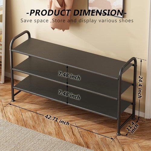 INGIORDAR Shoe Rack - 3-Tier Metal Organizer for Entryway & Closet - Wide Black Storage Solution
