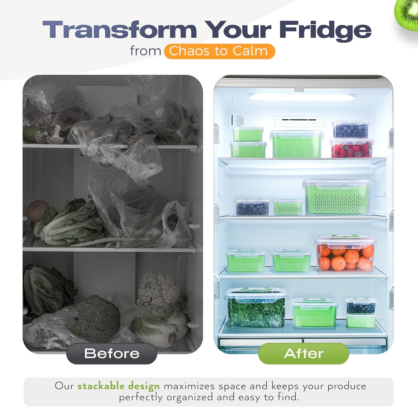 Skiennix Fruit Storage Containers - Airtight Set of 4 for Fresh Produce & Snacks - Space-Saving Green Design