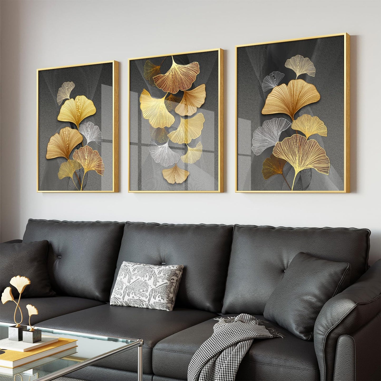 Framed Leaf Wall Art Set -Modern Gold Framed Abstract Leaves Prints Pictures Wall Decor, 3 Piece Minimalist Plant Paintings for Living Room Bedroom Home Office Kitchen and Dining Room Home Decor 12x16