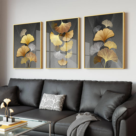 Framed Leaf Wall Art Set -Modern Gold Framed Abstract Leaves Prints Pictures Wall Decor, 3 Piece Minimalist Plant Paintings for Living Room Bedroom Home Office Kitchen and Dining Room Home Decor 12x16