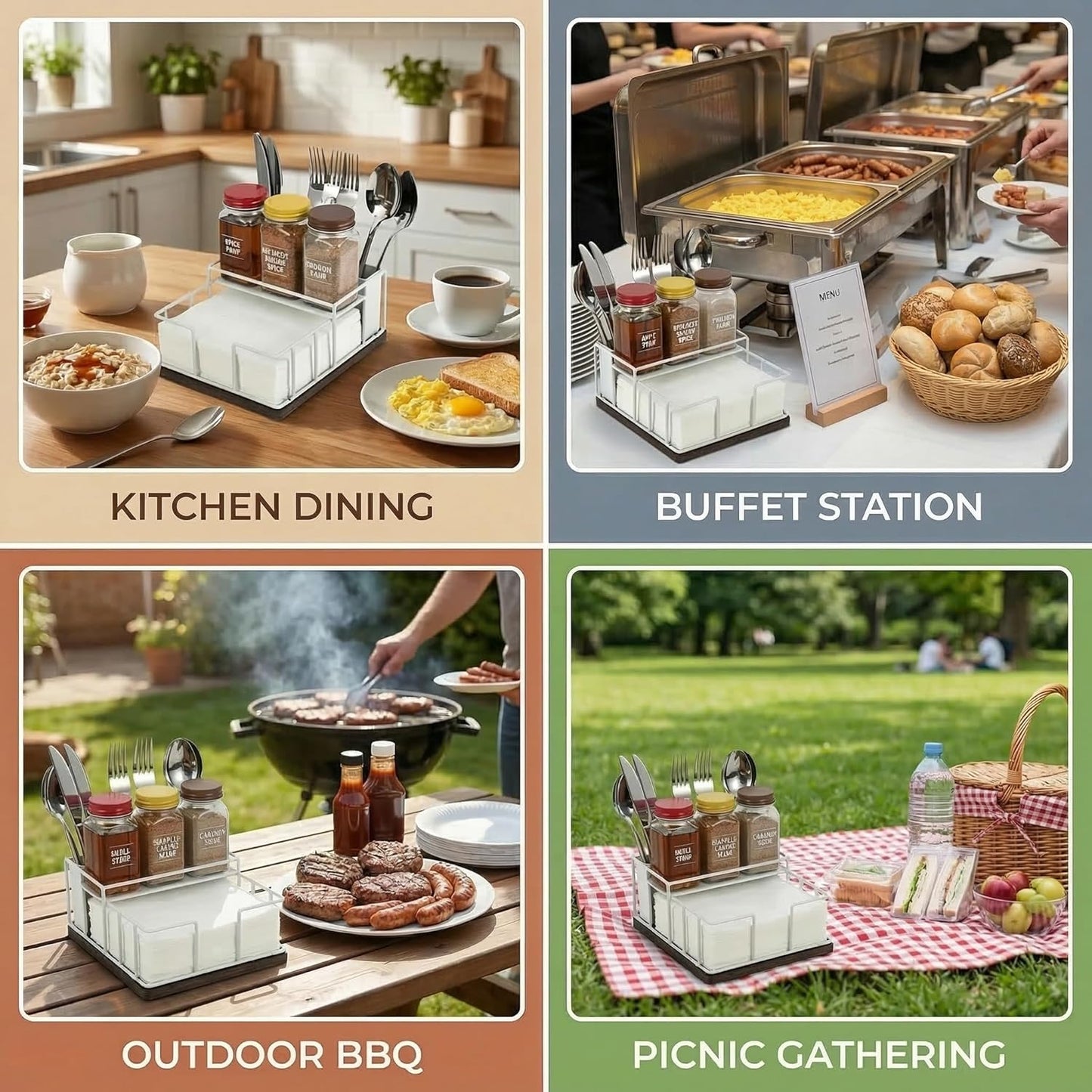 Wood & Metal Napkin Holder by [Brand Name] - 3-in-1 Utensil Caddy & Spice Rack for Kitchen & Patio (White)