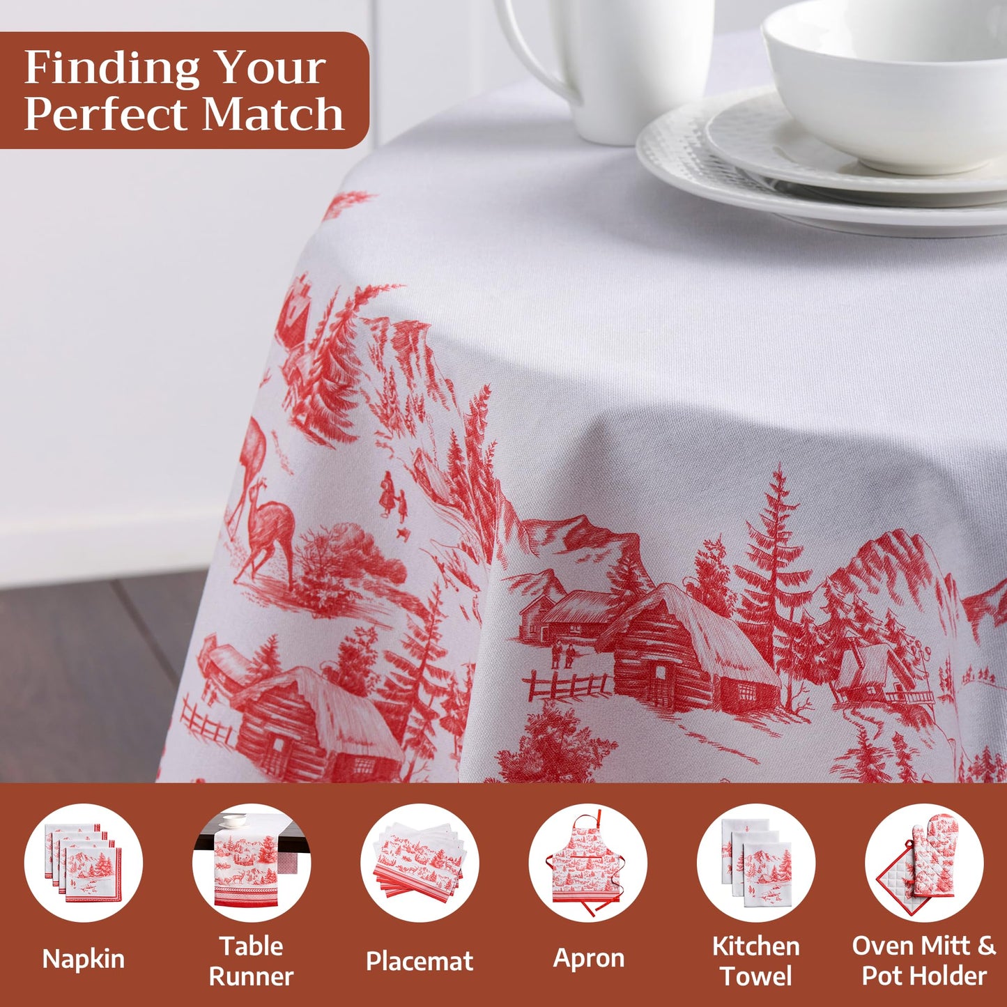 Maison d' Hermine Table Cloth Round Table 100% Cotton 63 Inches Fall Tablecloth Reusable Everyday Use for Thanksgiving Christmas Decorations Dining Farmhouse Party (Winter Jouy)