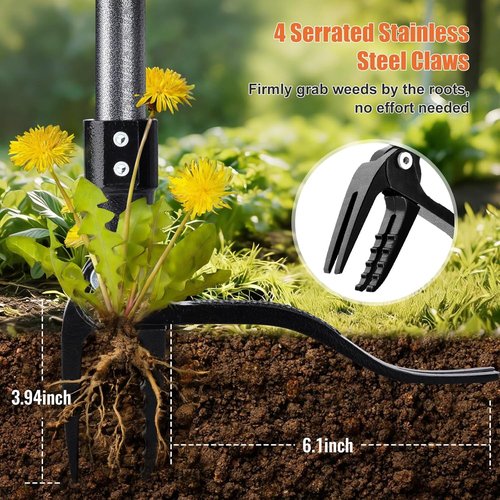 GOXAWEE Metal Stand Up Weed Puller Tool - 45" Steel Long Handle & 4-Claw Head for Easy Weeding