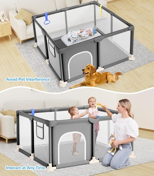 Dripex Baby Playpen - 47"x47" Enhanced Safety Play Yard for Indoor & Outdoor Use | Soft Mesh, Anti-Fall Design, Grey
