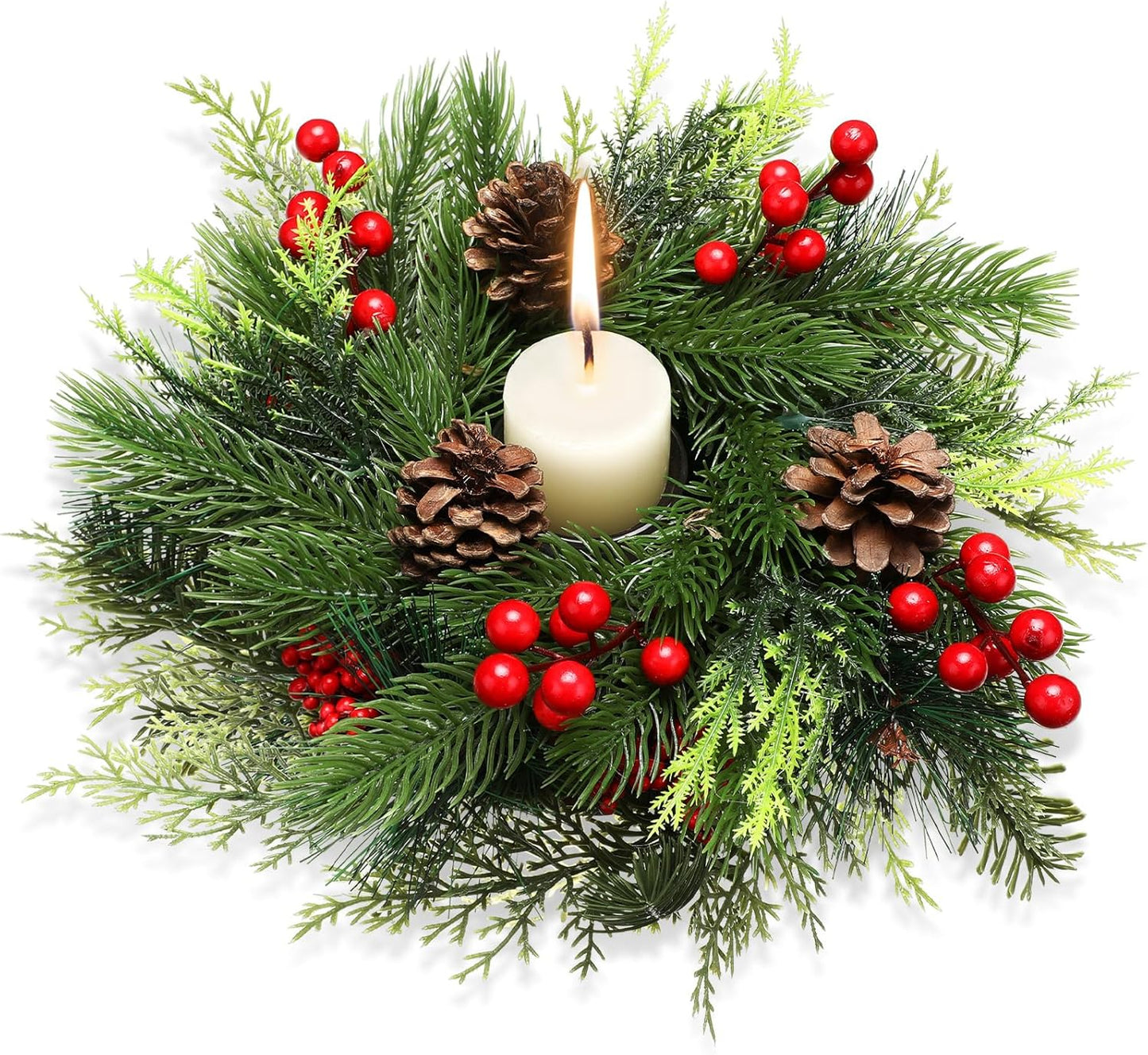 Mumufy Christmas Centerpiece Candle Holder - 12 Inch Mini Tabletop Decoration with Pine Cones & Red Berries