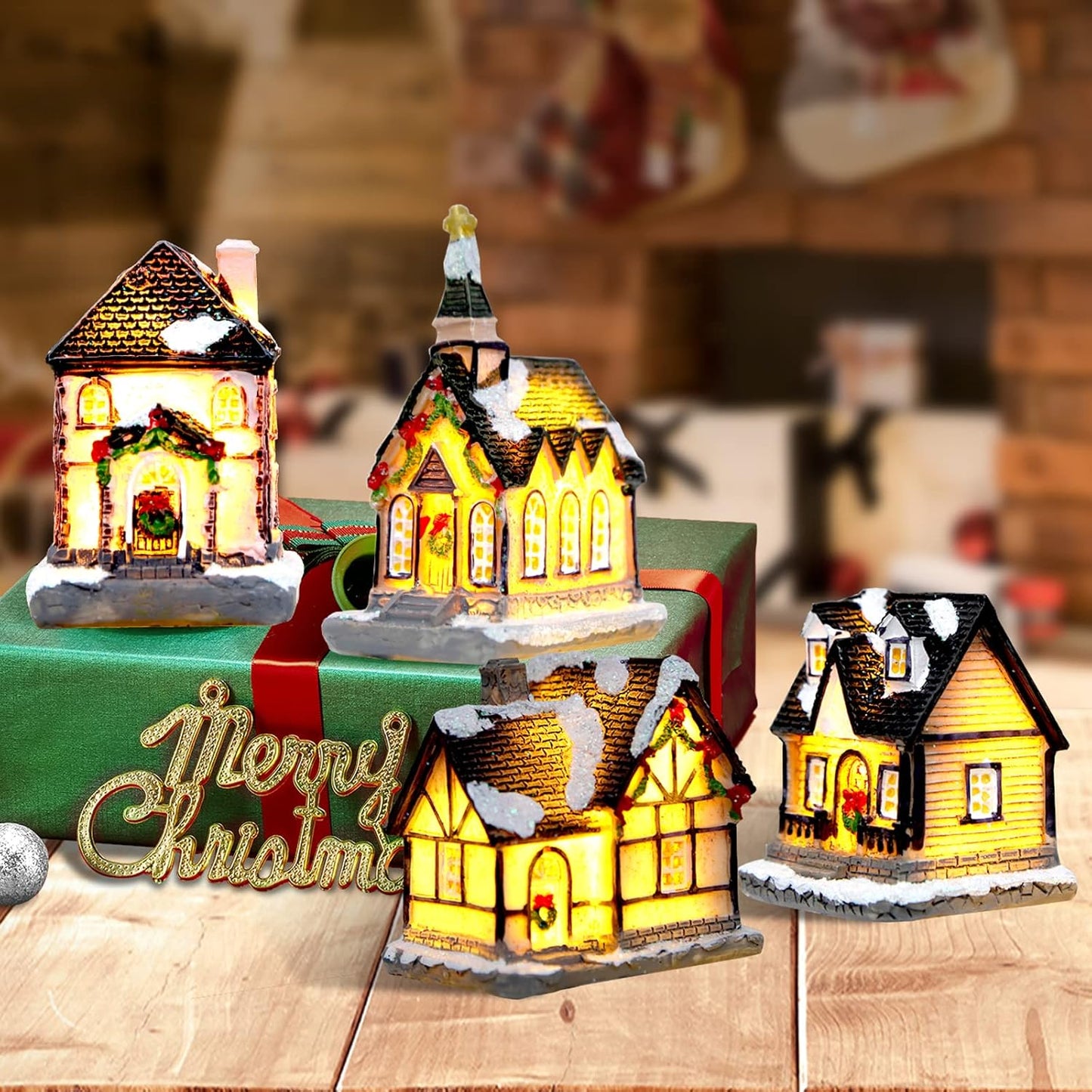 Skiennix Christmas Village House Set - 4 Pcs Resin Collectible Buildings with LED Lanterns for Holiday Decor