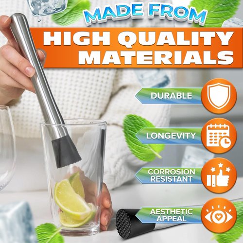 2 Pcs Bar Muddler for Cocktails - 8" Stainless Steel Muddler for Lemonade with Glass-Safe Grooved Nylon Head, Dishwasher Safe - Lemonade Stand Supplies for Mojitos, Citrus, Mint, Herb & Fruit Mixing