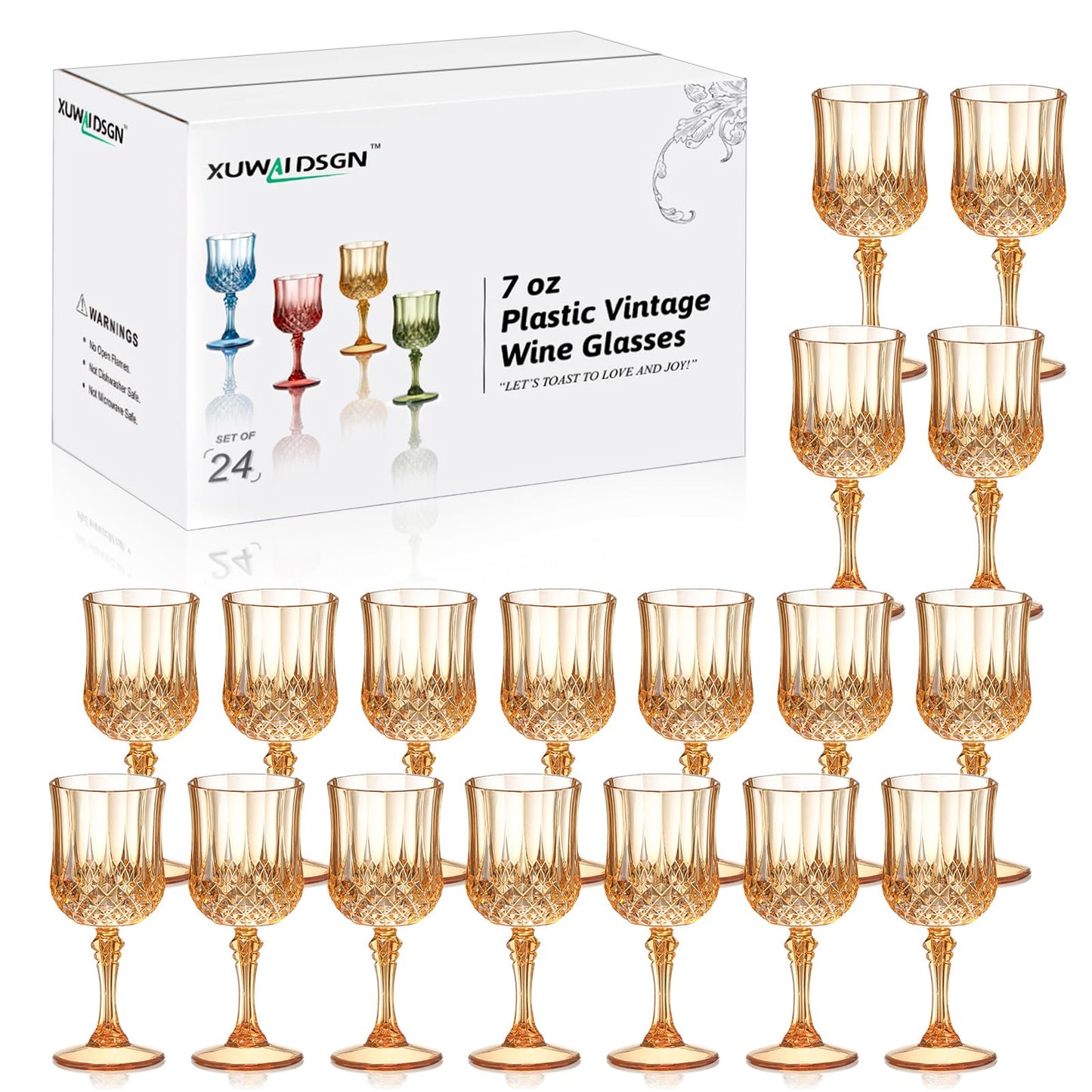 XUWAIDSGN 24 Pcs 7oz Plastic Vintage Wine Glasses Drinking Glasses Unbreakable Wedding Glassware Crystal Water Goblets Reusable Drinkware Vintage Champagne Flutes (24, Amber)