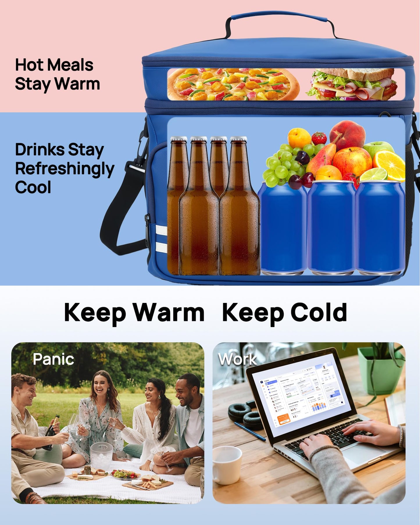 Carttiya Large Lunch Box Men & Women - Big Lunch Box, lunch cooler for men work 26L, Adjustable Strap (Blue)