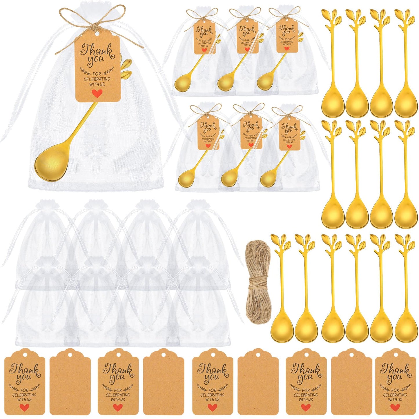 Dandat 50 Sets Bridal Shower Tea Spoons Party Favor for Guest Gold Leaf Mini Spoons Bulk Stainless Steel Honey Teaspoons with Thank You Labels Organza Bags, Wedding Souvenir Gift Party Decorations