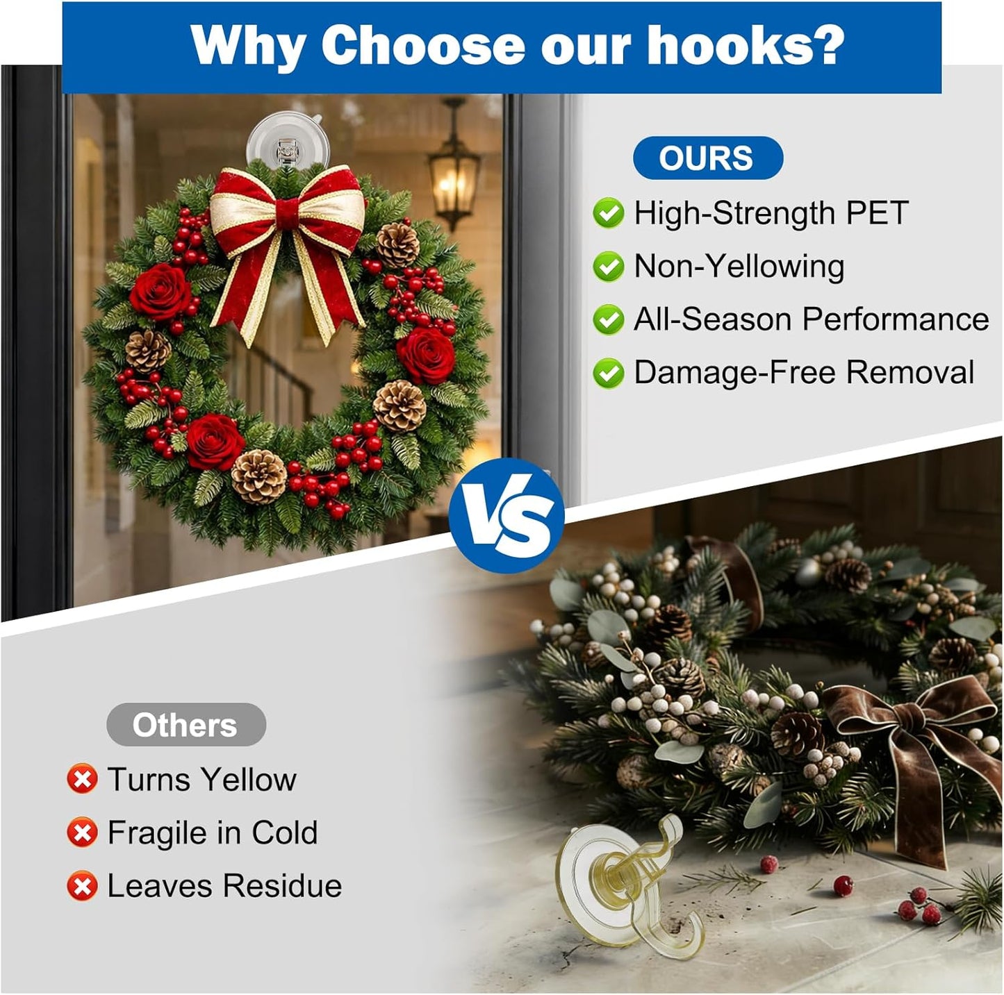 Skiennix Suction Cup Wreath Hangers - 6 Pcs Heavy-Duty Clear Hooks for No-Damage Holiday Decor