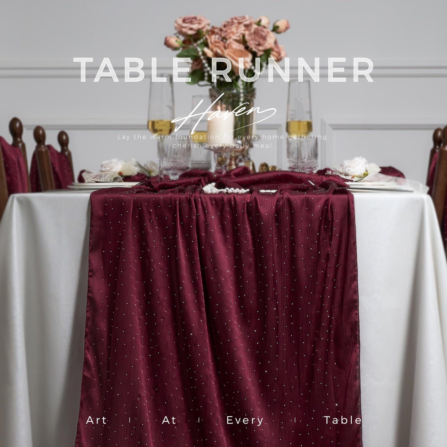 Leetaltree Dazzle Table Runner with Hot-fix Rhinestones-Luxury Scarf Table Runner 120 Inch 10FT -Elegant Gift Set with Card for Wedding,Christmas, Baby Shower,Holiday & Home Decor (Burgundy, 1 Pack)