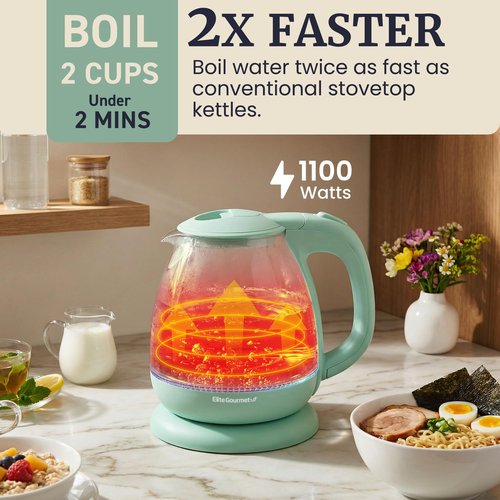 Elite Gourmet 1L Glass Electric Water Kettle, BPA-Free, Fast Boil, Auto Shut-Off, Boil-dry Protection, 360° Swivel Base with Cordless Serving, Clear-view Water Level Markings, Mint