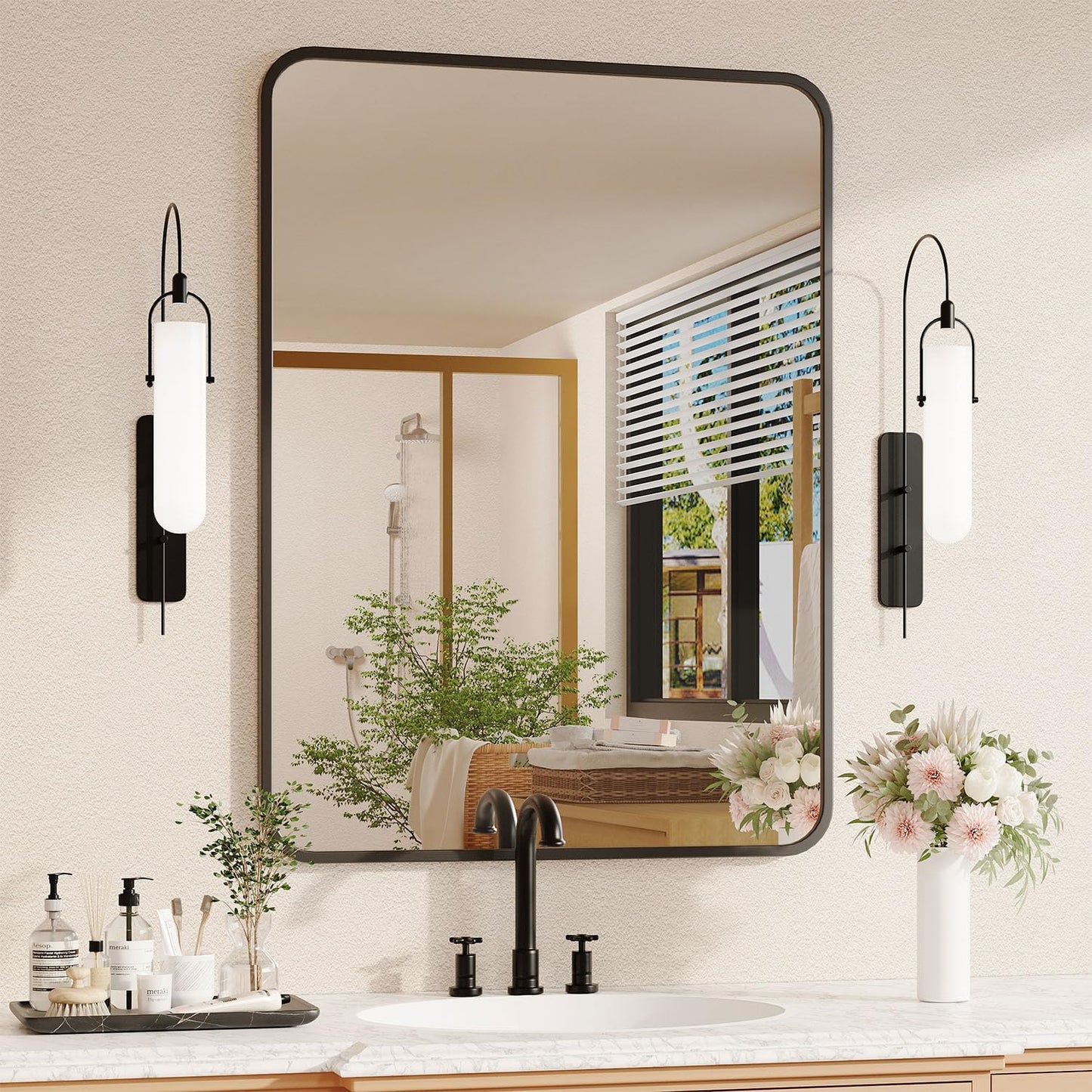 Regine Switzerland Black Bathroom Mirror - 22x30 Rectangular Wall-Mounted Vanity Mirror with Matte Aluminum Frame & Shatterproof Glass