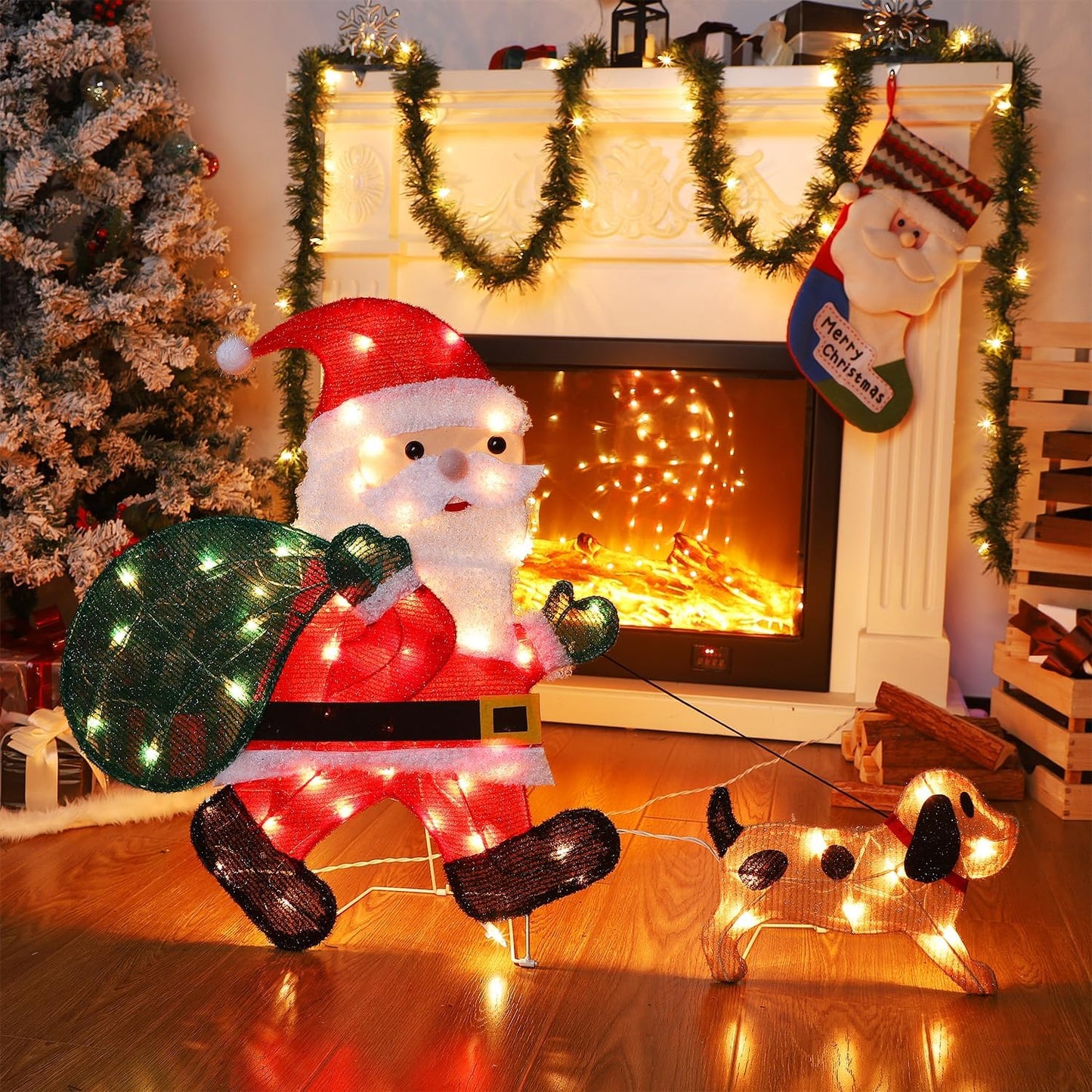 Waterglide Lighted Christmas Santa Claus - 26.5 Inch Pre-Lit Tinsel Decor with Puppy for Outdoor Holiday Display