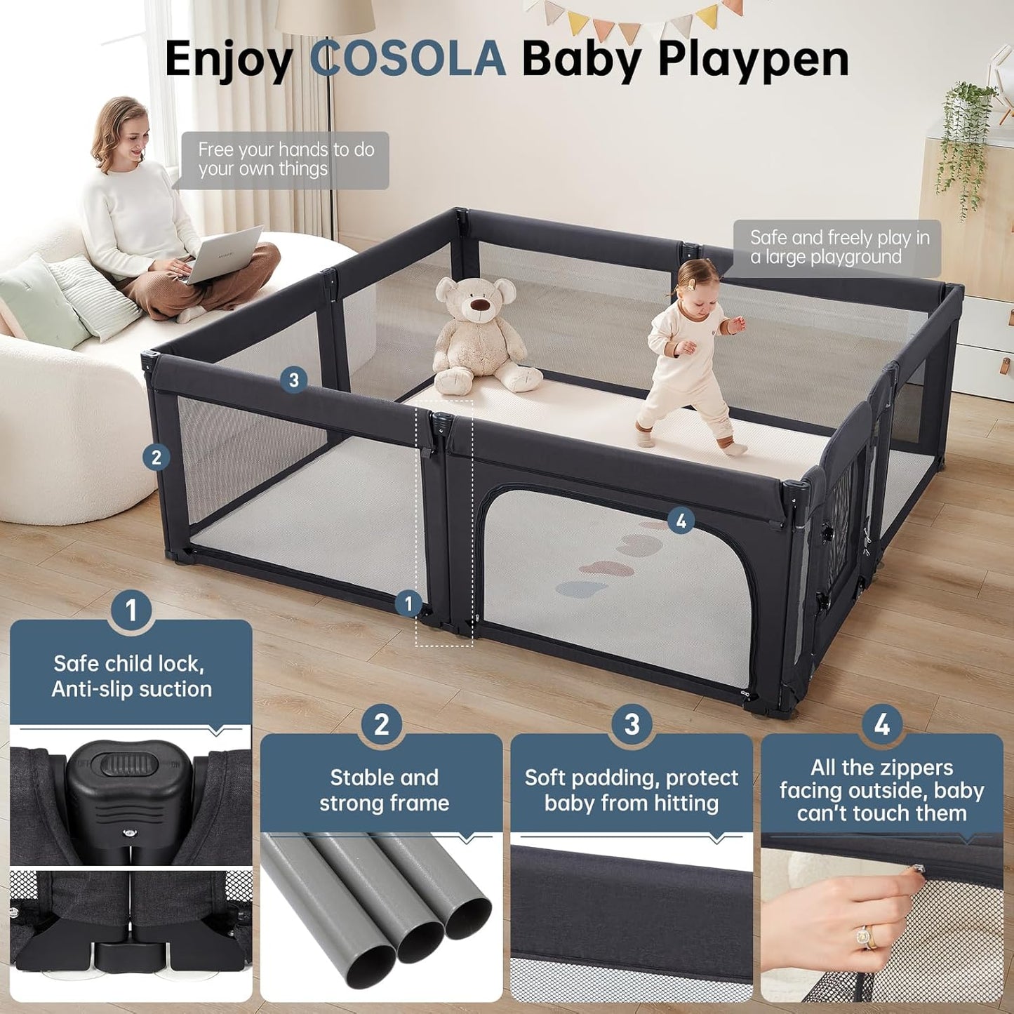 Large Baby Playpen - Adjustable 79x71 Inch Foldable Indoor & Outdoor Safety Fence | Black Mesh Design
