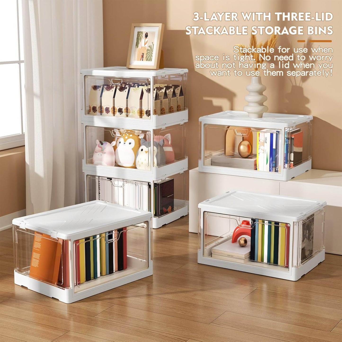 Kmiectse Clear Storage Bin - Stackable & Sturdy 23 QT Plastic Bins with Lid | Multifunctional Folding Bins for Home