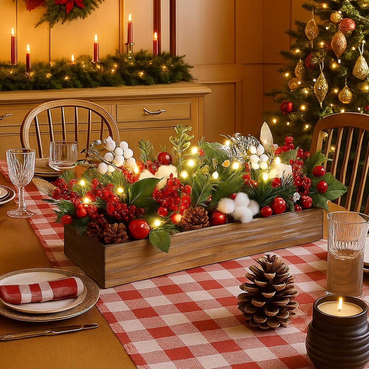 Leinuosen Christmas Table Centerpieces - 30 Pcs Floral Berry Rattan Garland with LED Lights