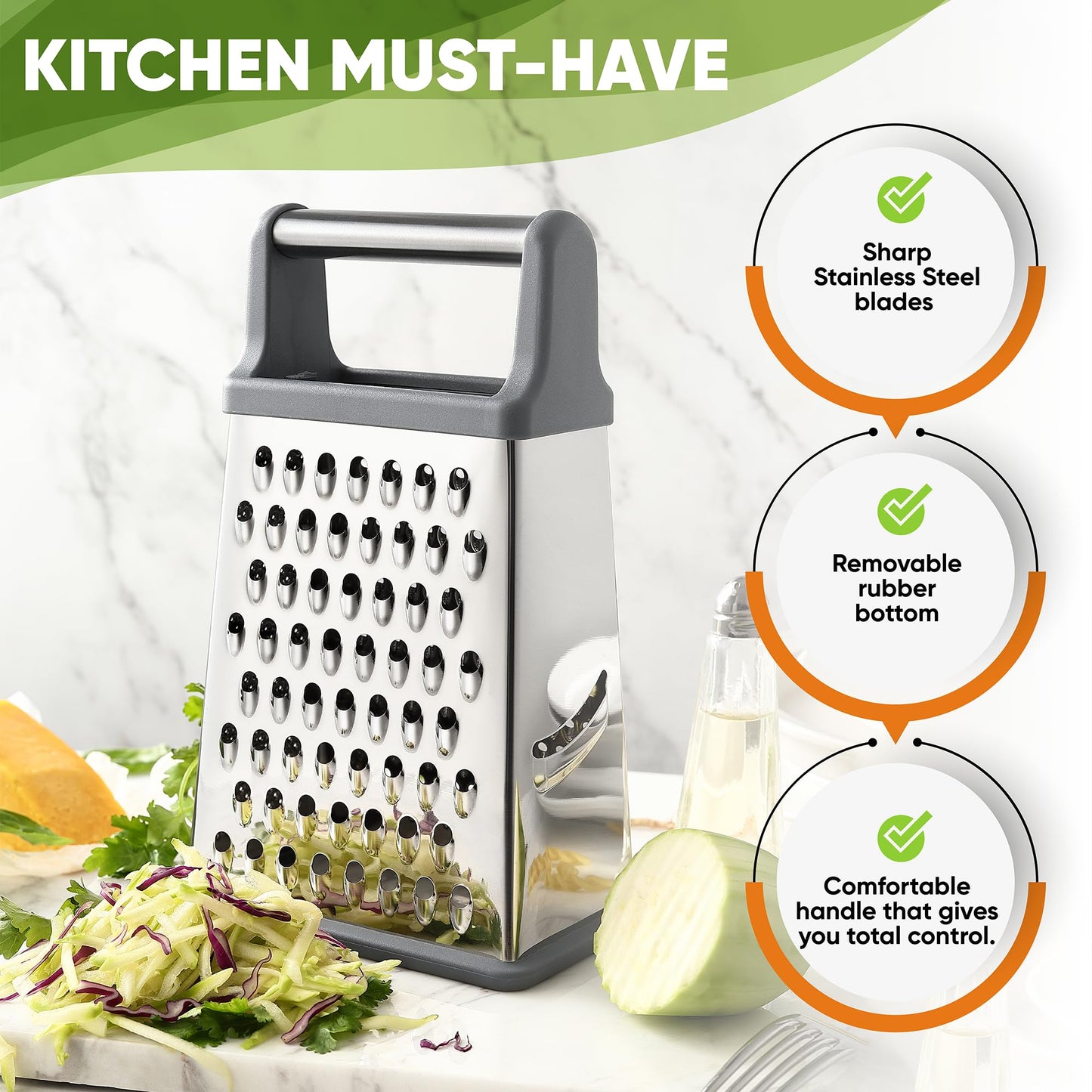 Spring Chef Professional Cheese Grater - Stainless Steel Box Grater for Kitchen, XL Size, 4 Sides - Perfect Shredder for Parmesan Cheese, Carrot, Potato, Ginger - Dishwasher Safe - Gray