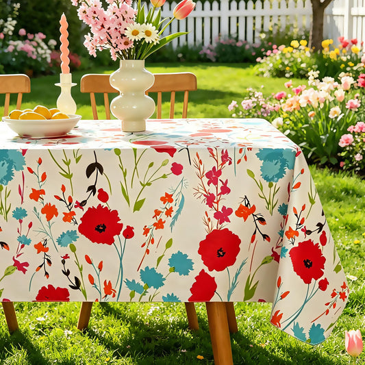 SASTYBALE Spring & Summer Floral Vinyl Tablecloth 60x120 Inch Rectangle, Waterproof Wipeable Spillproof Table Cover with Flannel Backing for Dinners, Holiday Gatherings, Indoor & Outdoor Parties
