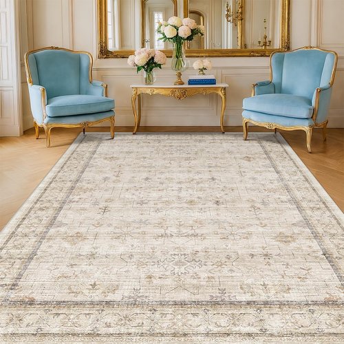 Farmhouse 6x8 Area Rug - Soft Beige Cream Carpet for Living Room, Bedroom & Home Office