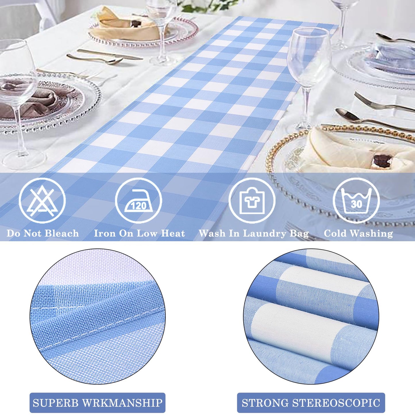 tiosggd Gingham Table Runner Light Blue and White, Spring Buffalo Plaid Check Table Cloth 72 Inches Long Table Decor, Summer Party Suppliers for Rustic Farmhouse Birthday Wedding Baby Shower Party