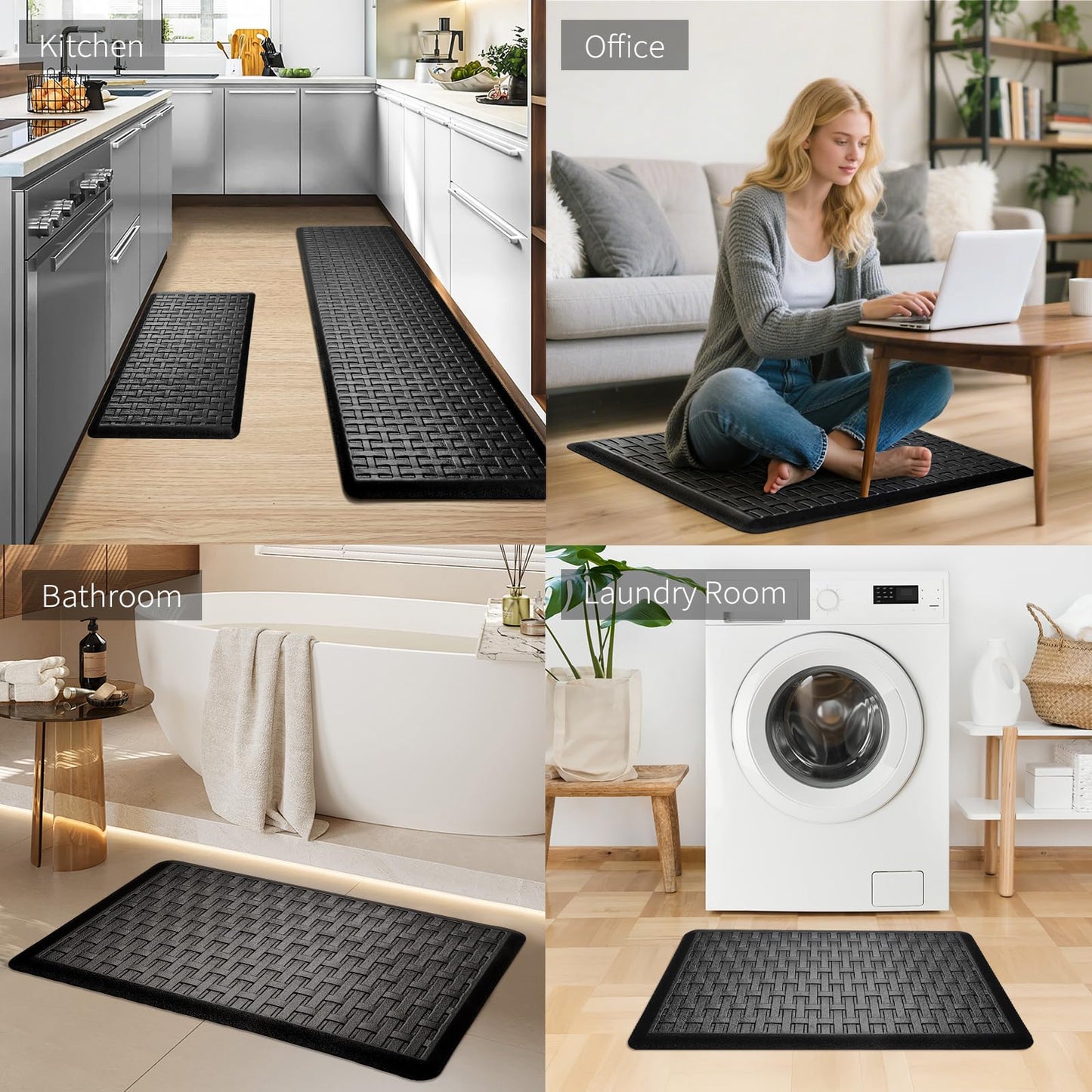 2PCS UKISS Kitchen Rugs, Cushioned Anti Fatigue Kitchen Mats for Floor, Waterproof Kitchen Rug，Non-Slip Comfort Standing Mat for Kitchen (Black, 17.3"x28"+17.3"x60")