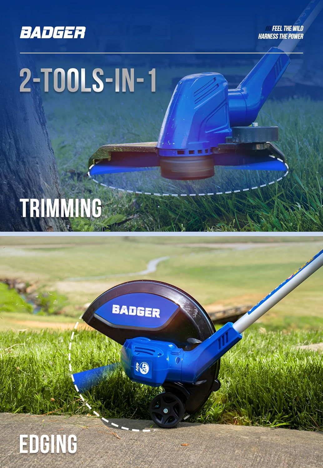 Wild Badger Power 40V Cordless Weed Wacker - 13'' 2-in-1 String Trimmer/Edger with Auto Feed & Battery