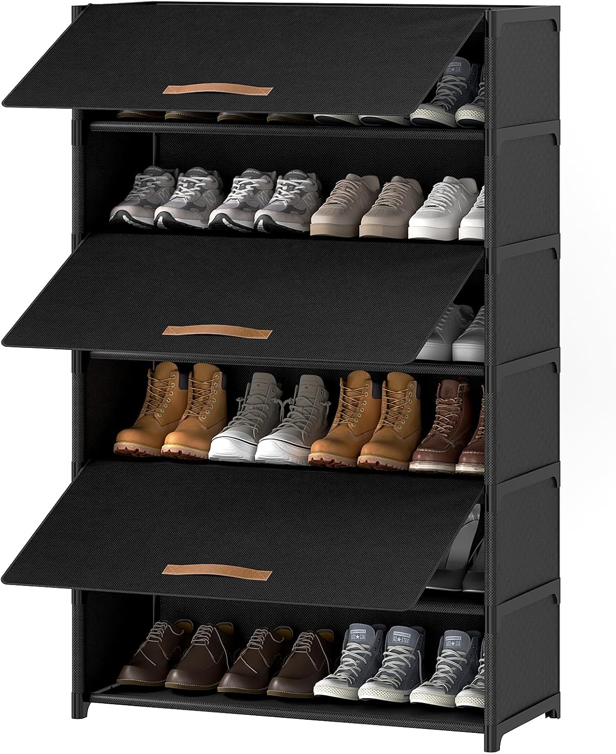 Skiennix 7-Tier Shoe Rack - 28 Pair Plastic Storage Cabinet with Door for Closet & Entryway | Black