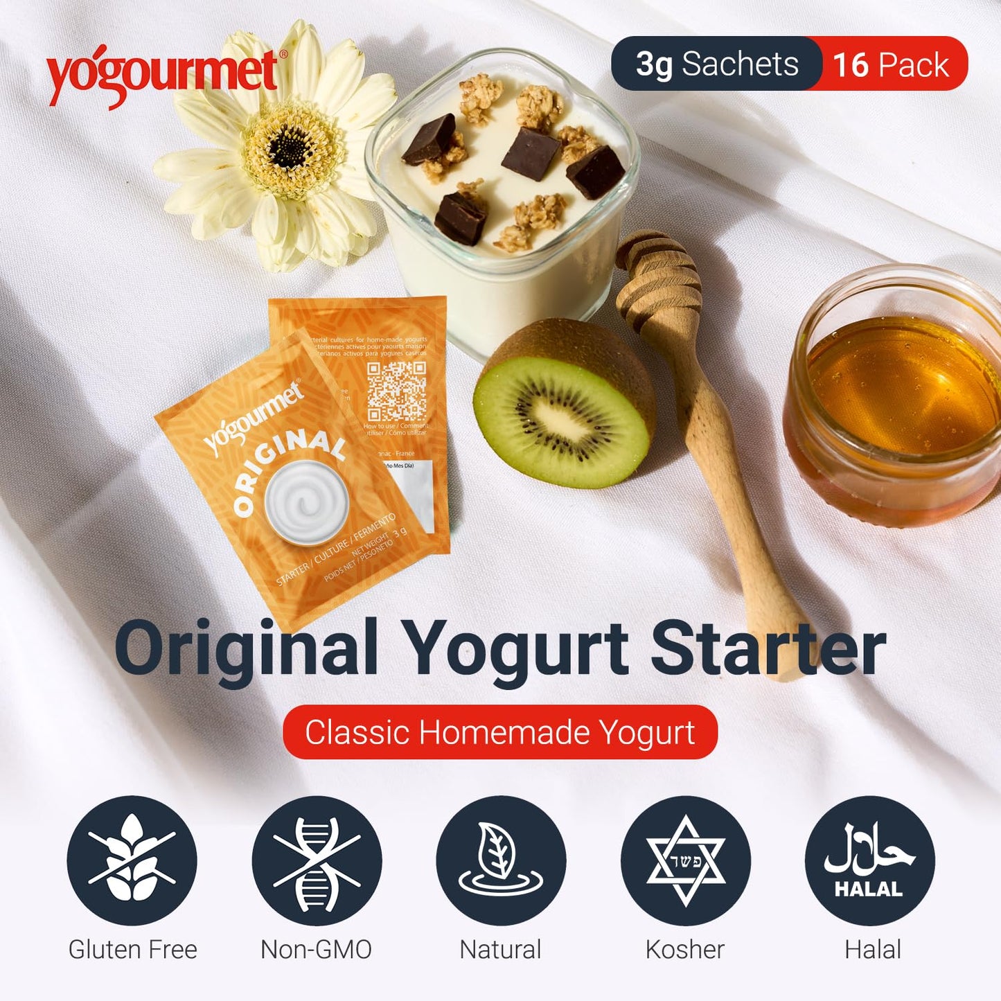 Yogourmet Yogurt Starter (16 Pack) - Make Yogurt at Home - Starter Culture - All Natural, Gluten Free, Kosher, Halal - 3 g Sachets