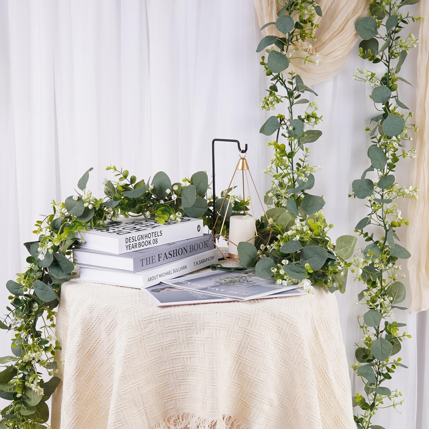 BonBloom's 8 Packs Artificial Eucalyptus Garland with White Flowers 5.9Ft Faux Greenery Garland Vines Spring Garlands for Bedroom Centerpieces Table Wedding Backdrop Arch Mantle Room Decor