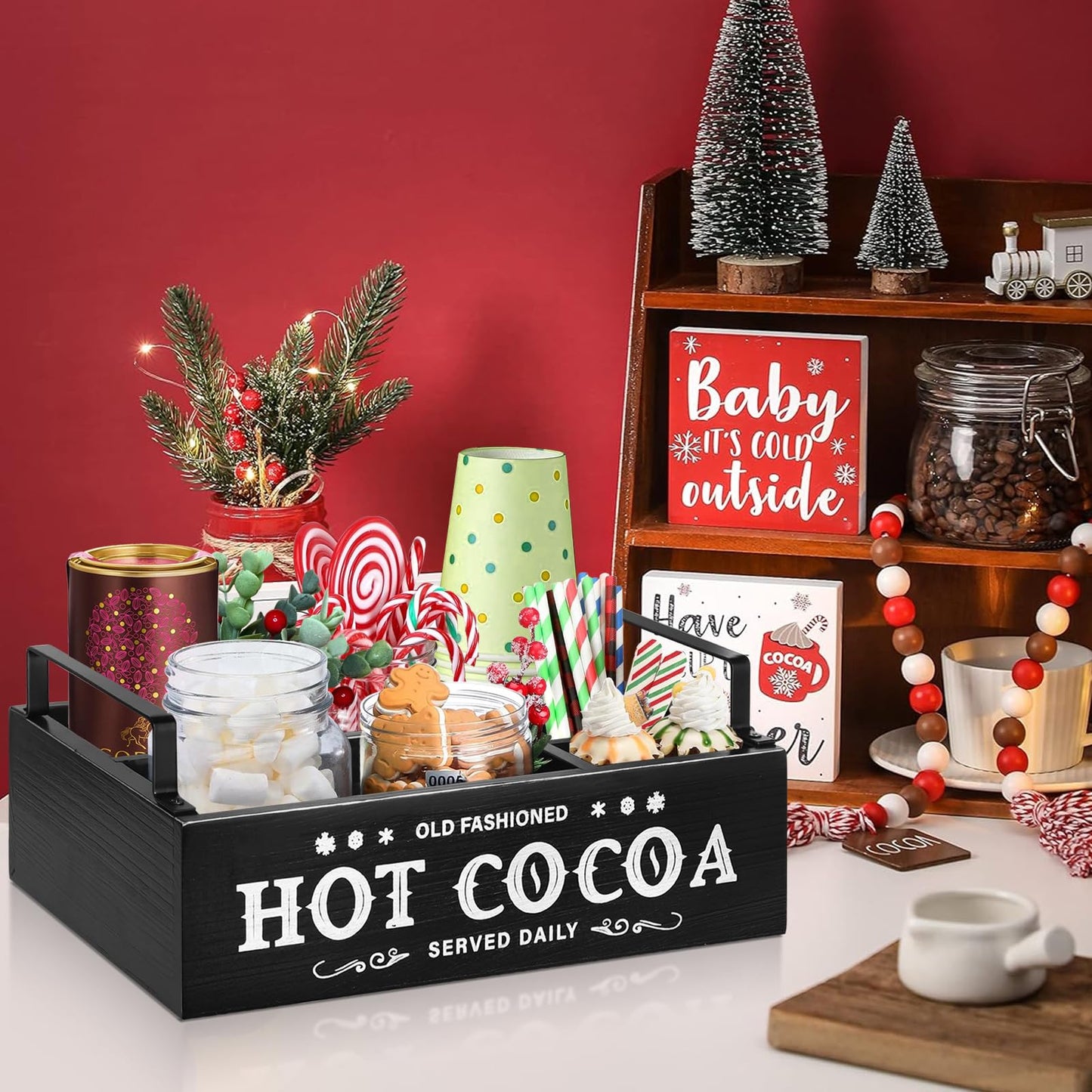 Hot Chocolate Bar Organizer with Handle, Farmhouse Hot Bar Supplies for Chocolate Maker, Countertop Wood Coffee Station Organizer Decorative Storage Bins, Cocoa Lovers Gift