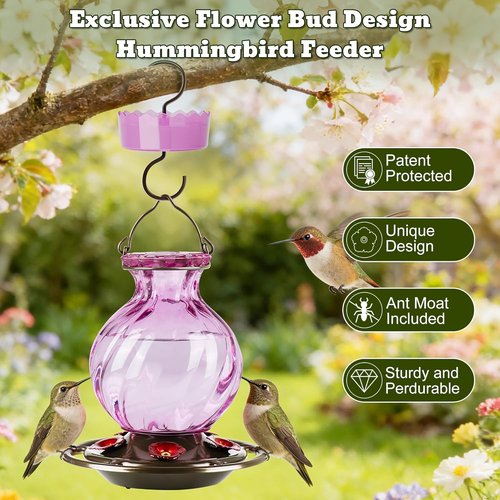 Auslar Hummingbird Feeder - 26 Ounce Purple Outdoor Feeder with Ant Moat & 5 Feeding Ports