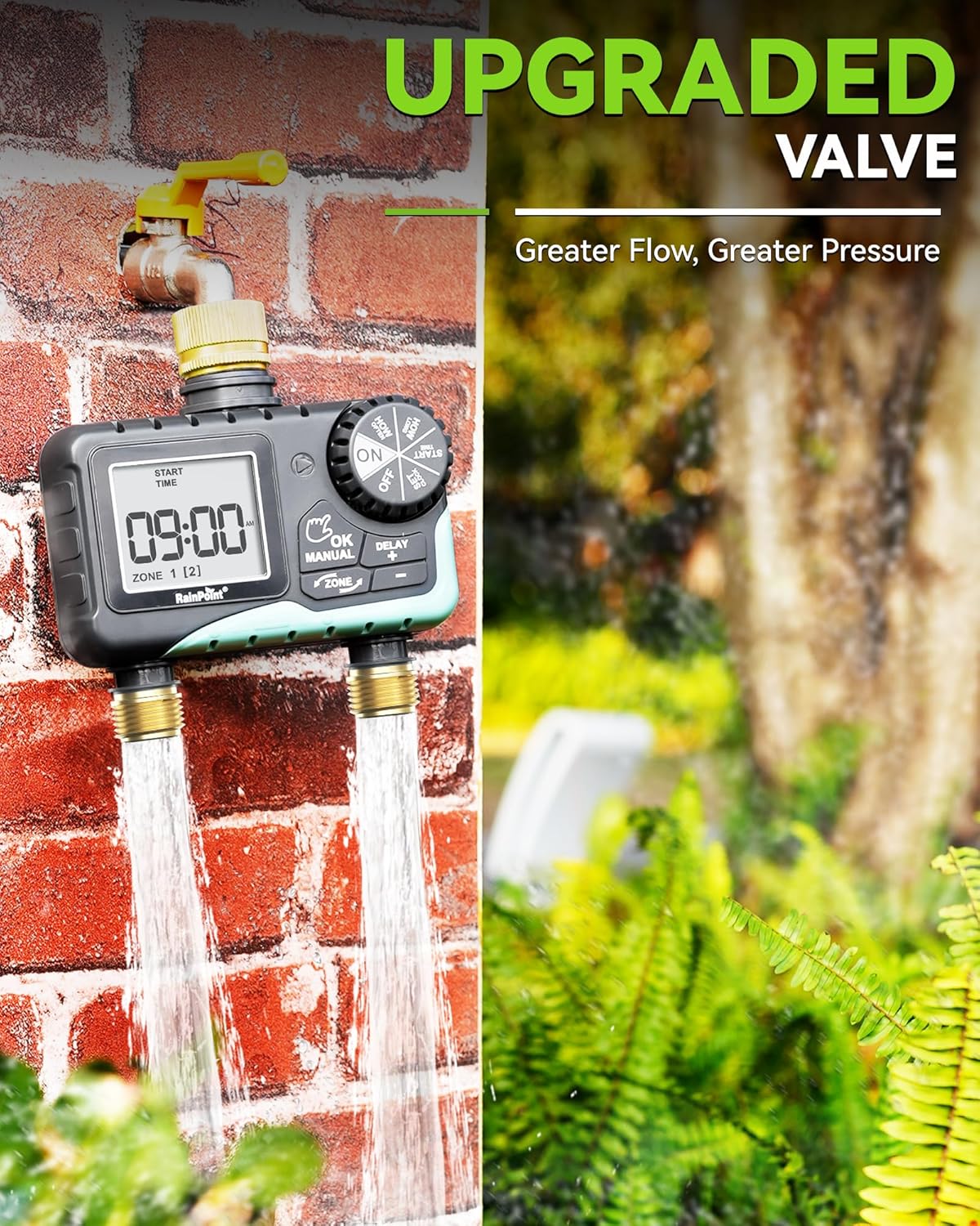 RAINPOINT 2-Zone Sprinkler Timer - Brass Inlet/Outlet for Automatic Irrigation System | Garden Hose Water Timer (Blue)